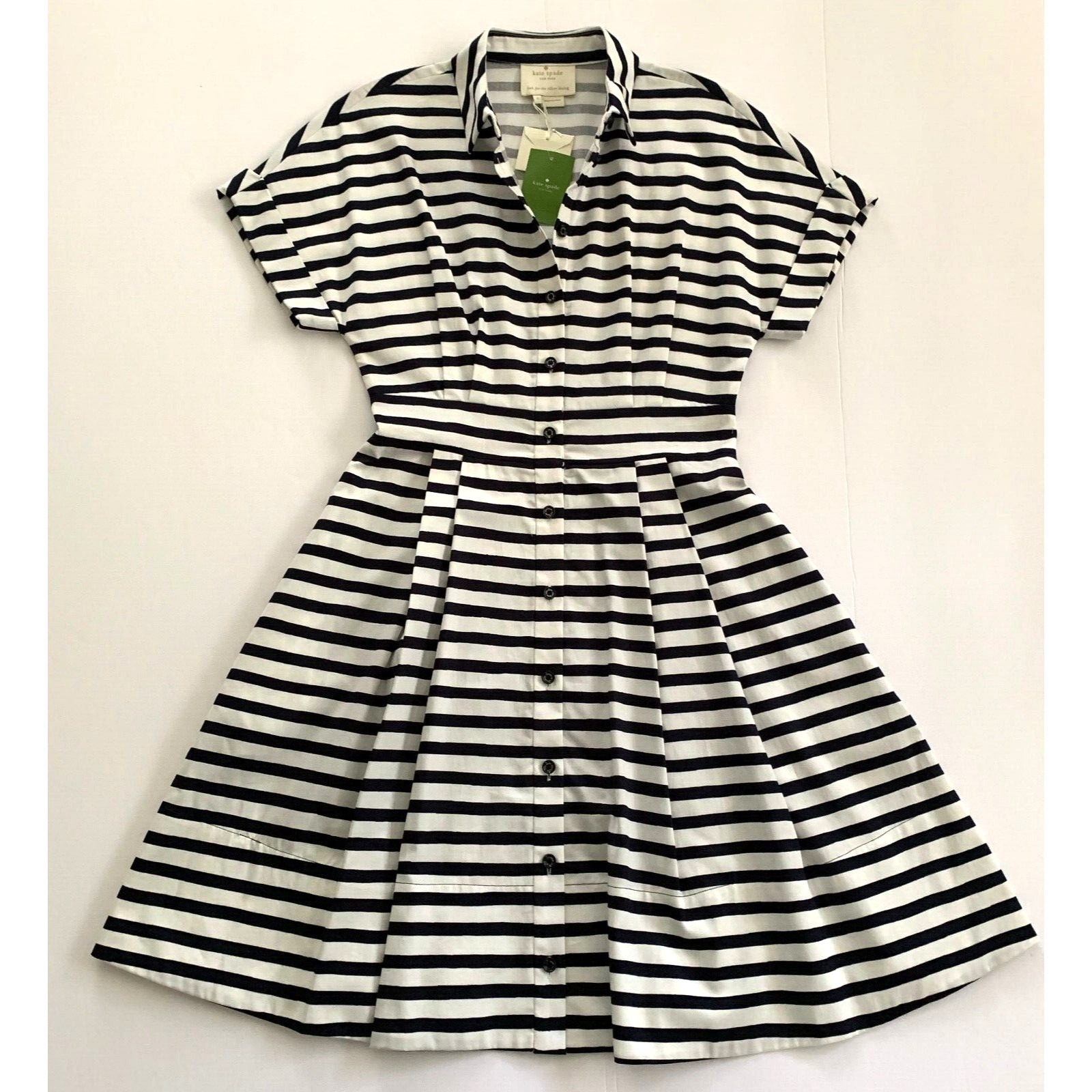 Nwt Kate Spade Fit Flare Painterly Stripe Cotton Shirt Dress Sz 0 00 Xs Navy
